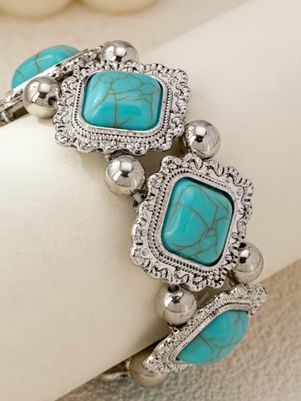 Turquoise Stone Silver-Tone Stretch Bracelet - Blue